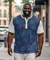 Big & Tall Men's Blue Patchwork Floral Print Henry Collar Button Short Sleeve Tee